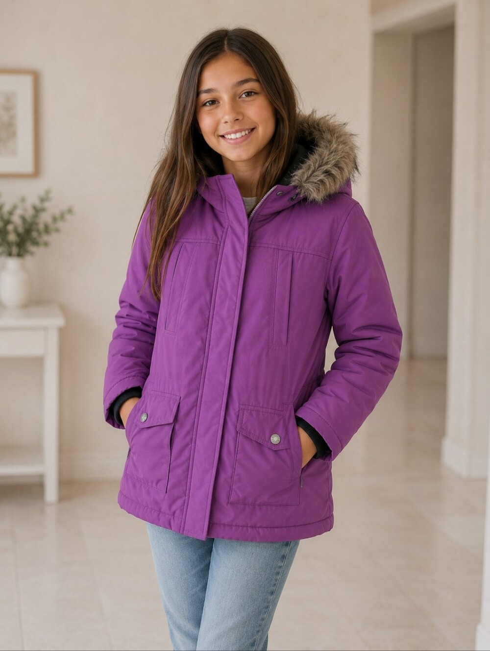 2/$50 Ecko Red Purple Down Puffer Jacket Faux Fur Trim Size L (10/12)